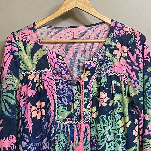 Lilly Pulitzer Top Tilda Tunic Blue‎ Pink Floral 3/4 Sleeves Womens sz Small EUC - Picture 2 of 11